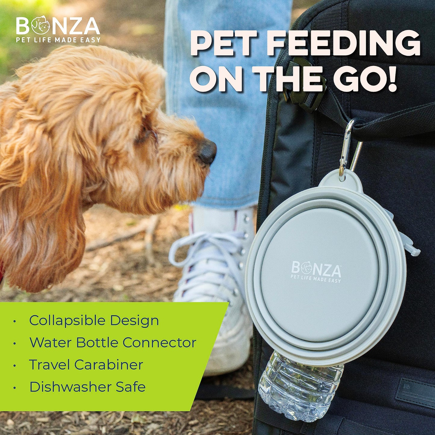 Bonza Large Collapsible Dog Bowl 1000 mL, Sturdy Reinforced Rim, Includes Carabiner & Water Bottle Holder Keychain