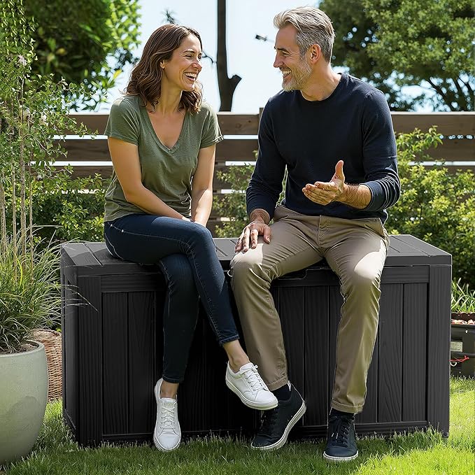 ROJIK Outdoor Storage Box with Wheels,75 Gallon Waterproof Resin Deck Box, Lockable Storage for Patio Cushions,Garden Tools,Pool Accessories,UV-Resistant Storage Bench for Backyard & Deck(Black)