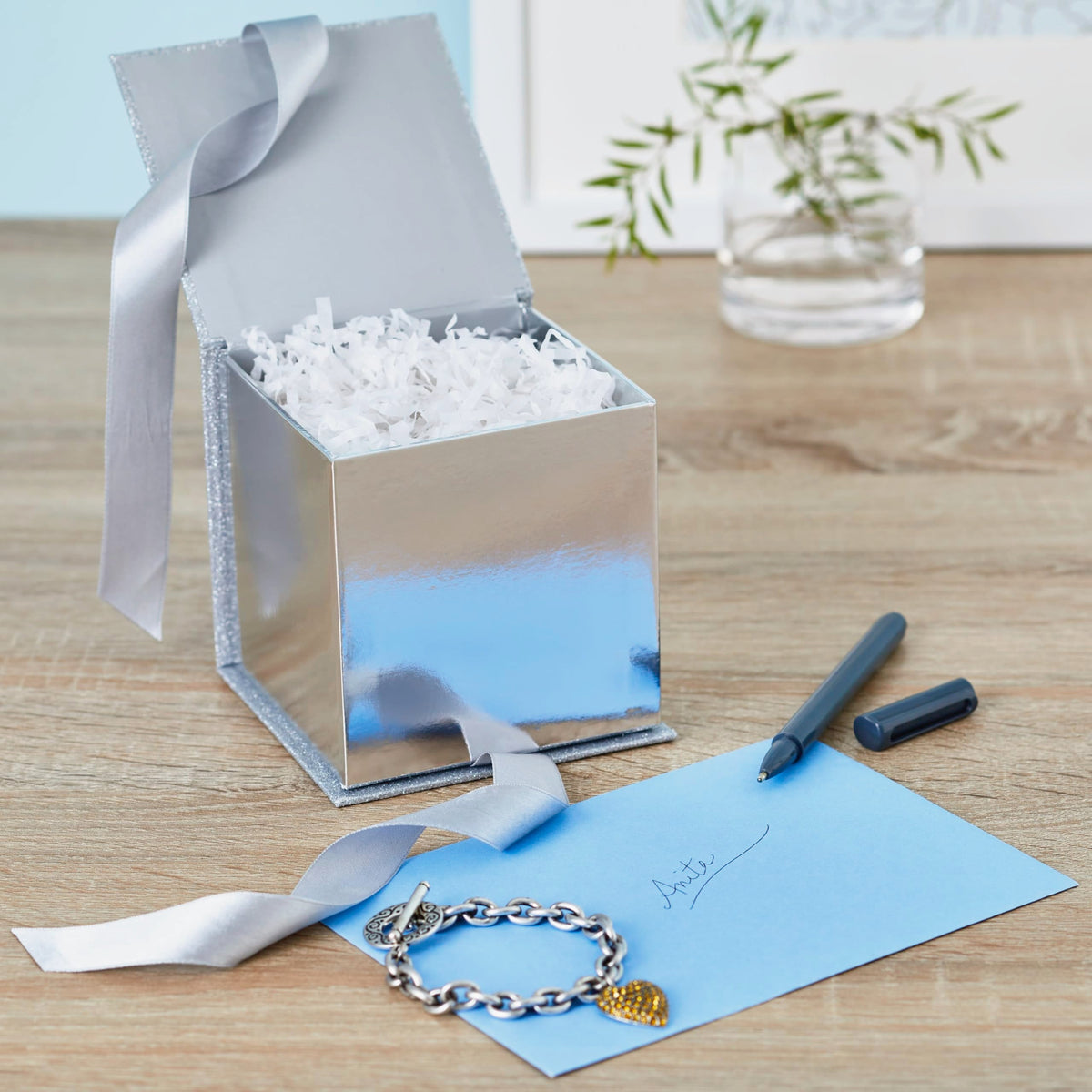 Hallmark Small Gift Box with Bow and Shredded Paper Fill (Silver Signature 4 inch Gift Box with Glitter) for Weddings, Graduations, Bridal Showers, Anniversaries, All Occasion