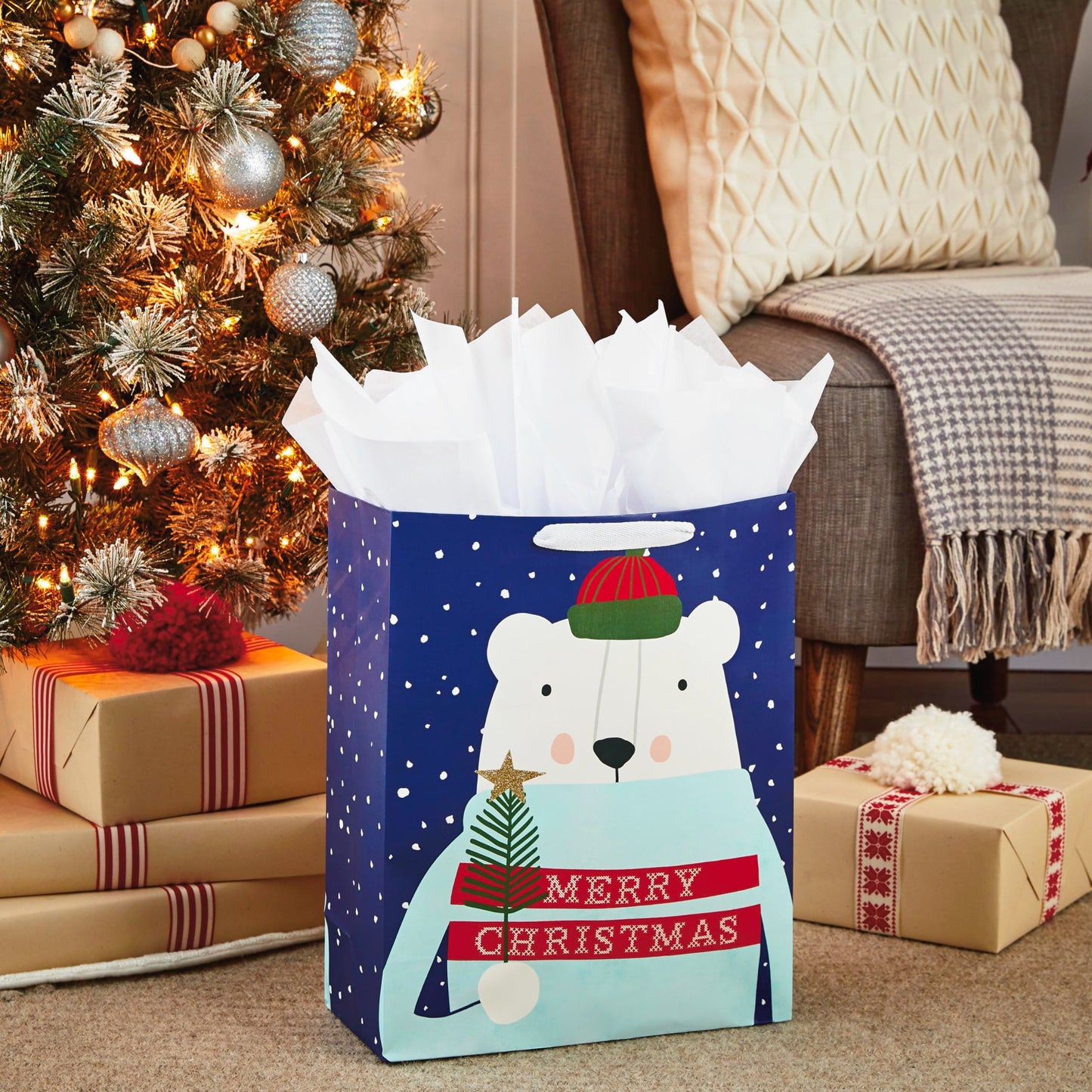Hallmark 15" Extra Large Christmas Gift Bag with Tissue Paper (Merry Christmas Polar Bear) for Kids, Adults, Coworkers, Neighbors