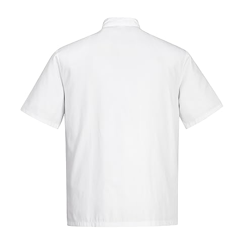 Portwest C733 Men's Cumbria Chef Jacket Lightweight Short Sleeve Durable Workwear Multi Functional Apron with Sleeve Pocket Machine Washable, White, L