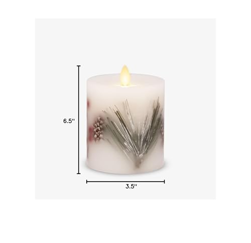 Luminara Embedded Flameless LED Candle - Pine Berries 3.5" x 4.5" - Moving Flame Pillar, Battery Operated Timer, Real Wax, Unscented, Safe
