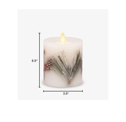 Luminara Embedded Flameless LED Candle - Pine Berries 3.5" x 4.5" - Moving Flame Pillar, Battery Operated Timer, Real Wax, Unscented, Safe