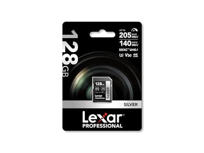 Lexar 128GB SD Card SILVER, Up to 205MB/s Read, 140MB/s Write, SDXC UHS-I Memory Card, Class 10, U3, V30, SD Card for Professional Photographers, Videographers, Enthusiasts