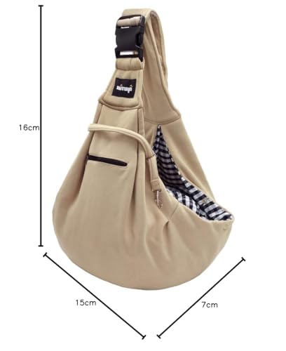 NATUYA Pet Sling Carrier Small Dog Sling Cat Carrier Bag Adjustable Strap Hands-free Sling Pet Carrier Bag with Front Zipper Pocket Safety Belt for Outdoor Traveling Subway (Khaki, Cotton Style)