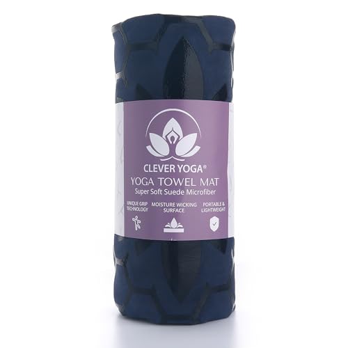 Clever Yoga Hot Yoga Mat Towel – Non-Slip Grip for Hot Yoga, Sweat Absorbent, Honeycomb Silicone Grip, Stays Flat – Ideal for Pilates, Travel, Washable & Lightweight - Dark Blue