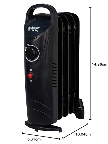 Russell Hobbs 650W Oil Filled Radiator, 5 Fin Portable Electric Heater - Black, Adjustable Thermostat, Safety Cut-off, 10 m sq Room Size, RHOFR3001, 2 Year Guarantee