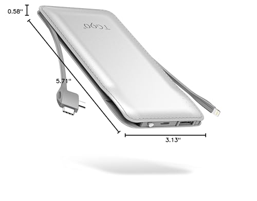 TG90° Portable Charger 10000mah Cell Phone Battery Backup, Ultra Slim Power Bank with Built in Lightning and USB-C Cable, Portable Phone Charger Battery Packs Compatible with iPhone Android Phones