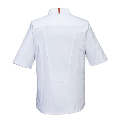 Portwest C738 Men's Mesh Air Pro Chef Jacket Short Sleeve Breathable Durable Slim Fit Texpel Finish Workwear Apron with Sleeve Pocket Machine Washable, White, XL