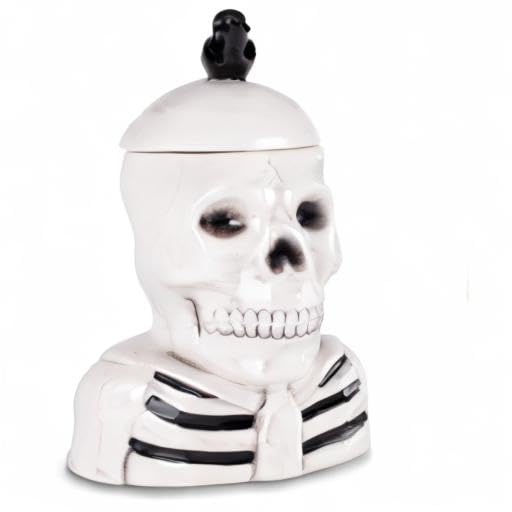 100 North Dolomite Ceramic 12 x 8.5 Halloween Cookie & Candy Jar with Airtight Lid: Perfect for Kitchen Canisters, Pet Treat Containers & Fall Decorative Candy Dish, Skeleton with a Crow