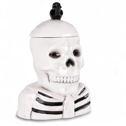 100 North Dolomite Ceramic 12 x 8.5 Halloween Cookie & Candy Jar with Airtight Lid: Perfect for Kitchen Canisters, Pet Treat Containers & Fall Decorative Candy Dish, Skeleton with a Crow