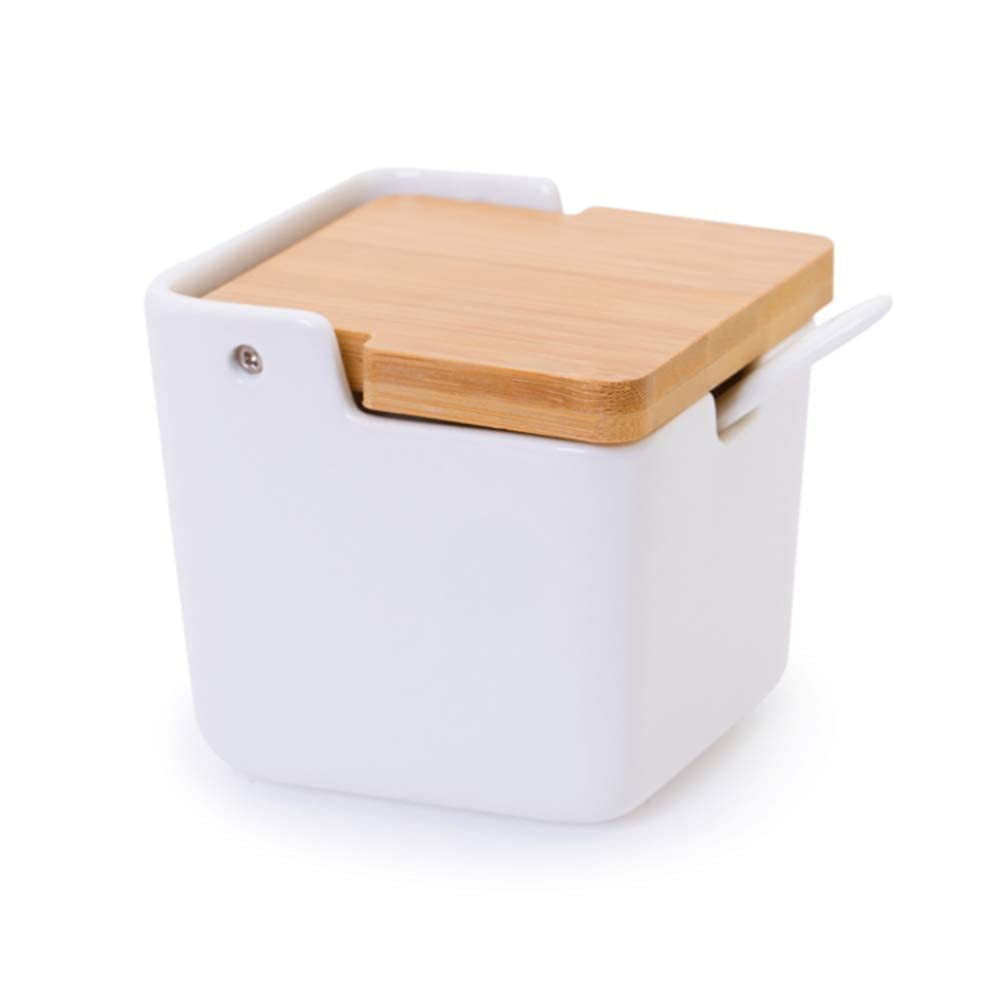 Lucky Goddness Ceramic Sugar Bowl Salt Box with Spoon and Bamboo Flip Top Lid, 9 fl oz Pepper Container Flour Box Holder Earthenware Bowl White for Housewarming Gift