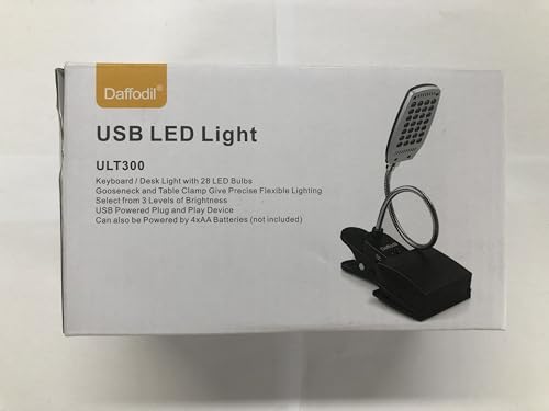 Daffodil ULT300 Clip-On Reading Light – Flexible Gooseneck Book Light with Large Clamp, USB or 4xAA Battery Powered, 3 Brightness Levels, Lamp for Headboard, Desk, Bedside or Bed - Black
