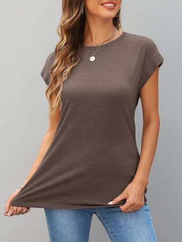 AUTOMET Womens Tops Summer Basic T Shirts Business Casual Loose Fit Cap Sleeve Tee Cute Clothes Trendy Fashion Outfits CoffeeGrey XL