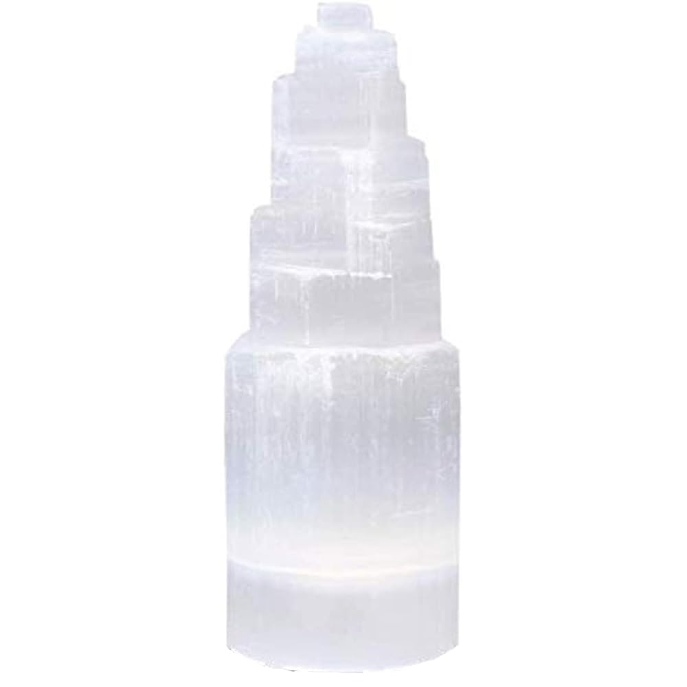 Natural Selenite Crystal Selenium Skyscraper Tower Carving Statue Home Decoration Stone Gypsum Tower for Home Decor Ornaments (15cm-1pcs)