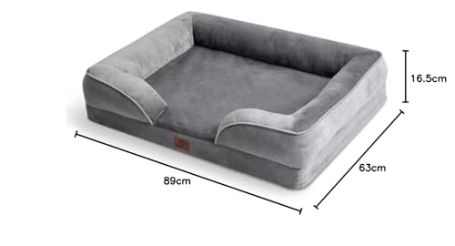 Bedsure Large Dog Bed Sofa - Washable Orthopedic Dog Beds and Couch with Removable Flannel Cover, Waterproof Dog Pillow with U-Shape Bolster, Grey Squre Pet Bed, 89x63x16cm