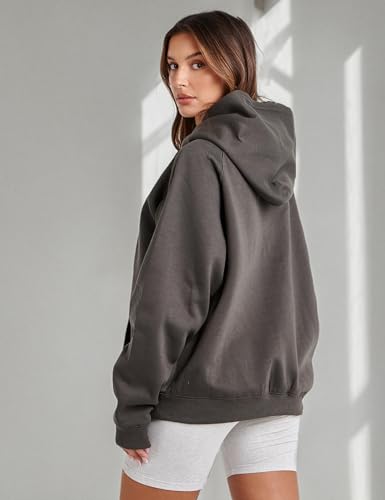 Lauweion Women Solid Basic Fleece Letter Loose Hoodie Sweatshirt Long Sleeve Kangaroo Pocket Drop Shoulder Pullovers Top Dark Grey