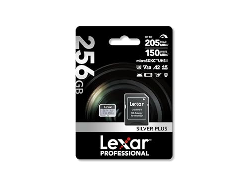 Lexar Silver Plus 256GB Micro SD Card up to 205 MB/s, MicroSDXC UHS-I Flash Memory Card with Adapter, C10, U3, A2, V30, Full HD, 4K UHD, High Speed TF Card for Drone, Action Camera, Handheld Consoles