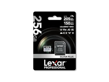 Lexar Silver Plus 256GB Micro SD Card up to 205 MB/s, MicroSDXC UHS-I Flash Memory Card with Adapter, C10, U3, A2, V30, Full HD, 4K UHD, High Speed TF Card for Drone, Action Camera, Handheld Consoles