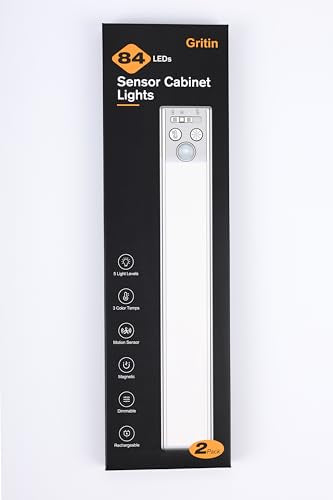 Gritin Under Cabinet Kitchen Lights-84 LED Super Bright,3-Color&5-Brightness,4 Modes,Motion Sensor,Rechargeable 1800mAh Long Lasting-Easy Installation Strong Magnetic Under Closet Light-2 Pack