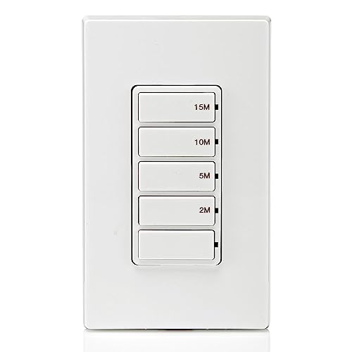 Leviton Countdown Timer Switch for bathroom fan and household lights, 5-10-15-30 min, No Neutral Required, Single Pole, 15A, 1/2 HP/9.8A Fan/Motor, DT130-1LW, White