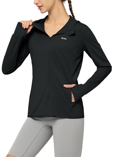 Willit Women's UPF 50+ Sun Protection Shirts UV Long Sleeve Zip Hoodies SPF Lightweight Jacket Hiking Outdoor with Pockets Black Small