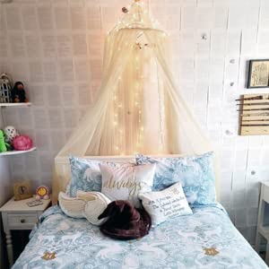 White Mosquito Net Bed Canopy, Bed Cover with 100 LED String Lights, Oversized Hanging Queen Bed Cover Bed Curtain Net for Infants, Kids, Girls or Adults, Double Bed