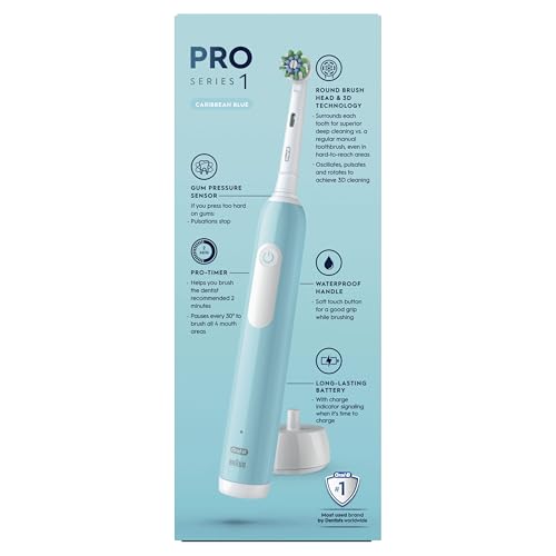 Oral-B Pro 1 Electric Toothbrushes Adults, Oral B Electric Toothbrush, With 3D Cleaning, 1 Toothbrush Head, Gum Pressure Control, 2 Pin UK Plug, Blue, Travel Electric Toothbrush