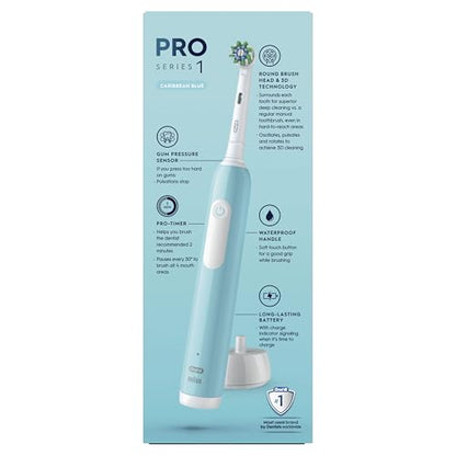 Oral-B Pro 1 Electric Toothbrushes Adults, Oral B Electric Toothbrush, With 3D Cleaning, 1 Toothbrush Head, Gum Pressure Control, 2 Pin UK Plug, Blue, Travel Electric Toothbrush