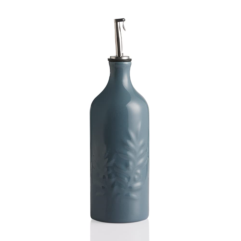 Sweejar Ceramic Olive Oil Dispenser Bottle, 20 Oz Relief Opaque Oil Cruet Protects Oil To Reduce Oxidation, Suitable for Storage Oil, Vinegar, Soy Sauce, Coffee Syrup, Liquids, Set of 1 (Fog Blue)