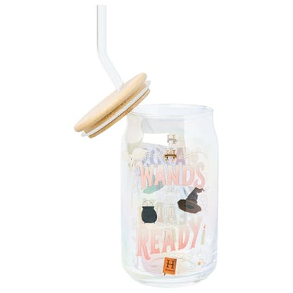 Silver Buffalo Harry Potter Iconic Icons Pattern Wands at the Ready 2 Pack Glass Jar Tumbler with Bamboo Lid and Glass Straw, 16 Ounces