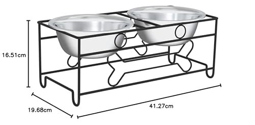 PETMAKER Elevated Dog and Cat Bowls - Decorative 6.5-Inch-Tall Raised Stand with 2 Stainless-Steel Food and Water Bowls - Hold 40oz Each by (Black)