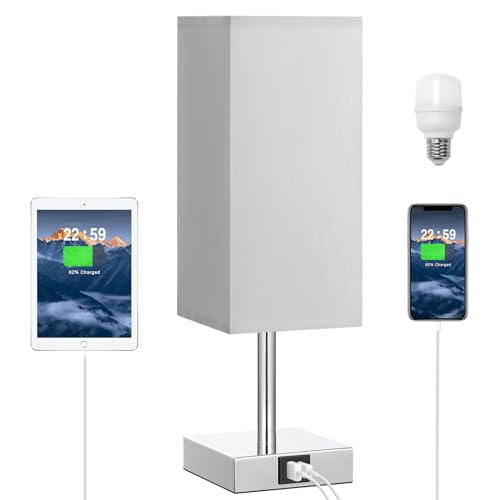 Aooshine Bedside Lamps, Touch Control Table Lamp with USB A+C Charging Ports, Lamps 3 Way Dimmable, for Bedroom Living Room Grey Fabric Shade (LED Bulb Included)