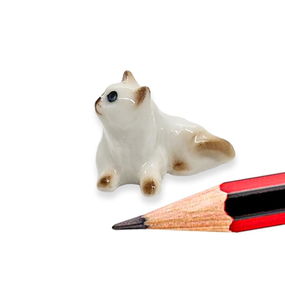 ChangThai Design Tiny ¾ Inch Lying Look Up Himalayan Persian Longhaired Cat - Miniature Hand Made Ceramic Cats Kittens Feline Animals Cute Porcelain Decorative Figure Collectible Figurines Décor Gifts