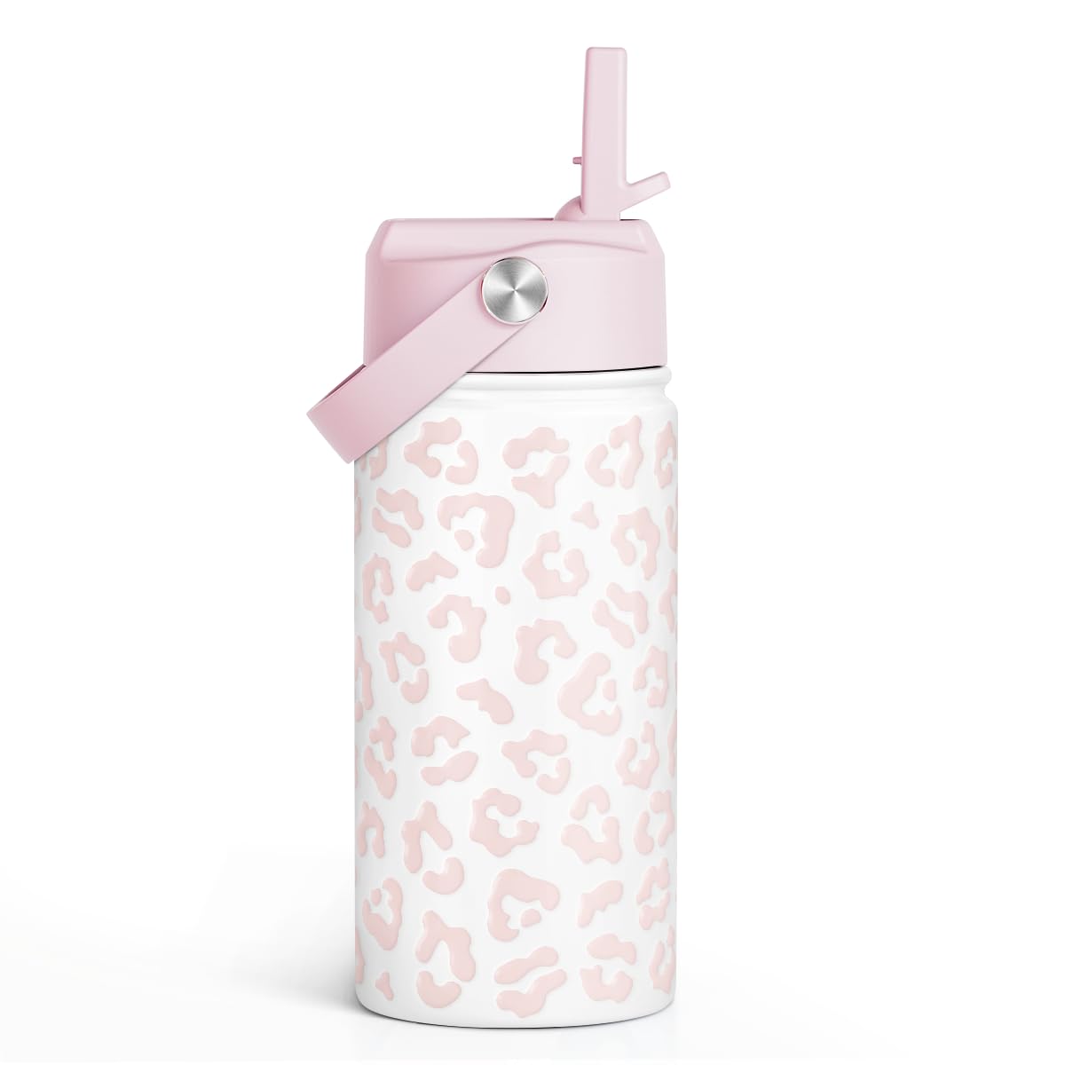 Beige Leopard Print Kids Water Bottle with Straw Lid 12oz Insulated Stainless Steel, Travel Tumbler, Gifts for Girls, Birthday, Christmas, Back to School