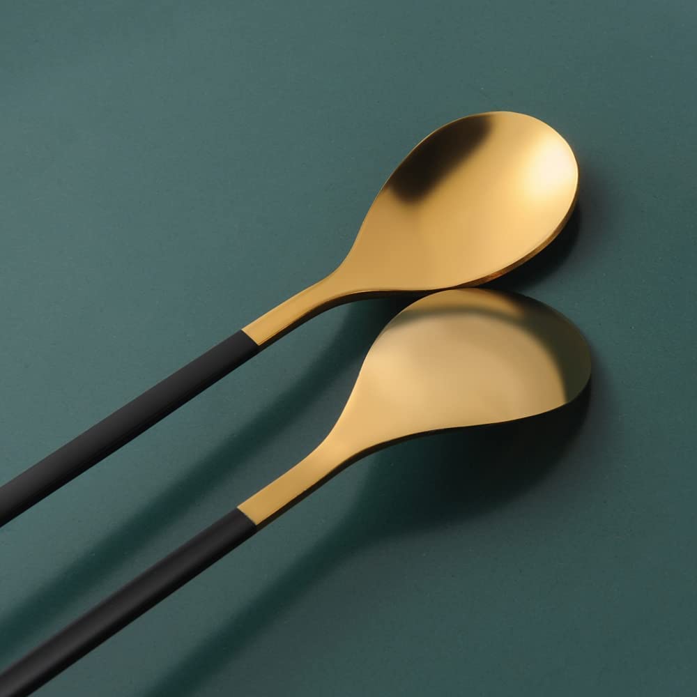 AnSaw 6-Piece Elegant Black & Gold Leaf Long Handle Teaspoons - 7.4"