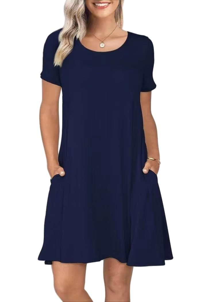 REGAI Women's Summer Casual Short Sleeve Crew Neck T Shirt Dresses Loose Swing with Pockets, NavyBlue, XL