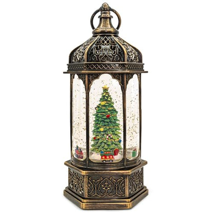 Christmas Snow Globes,Snow Ball Christmas with Music,6H Timer Cylindrical Flashing Snow Ball,Bronze Christmas Music Box Including 8 Songs, Lantern with Christmas Tree