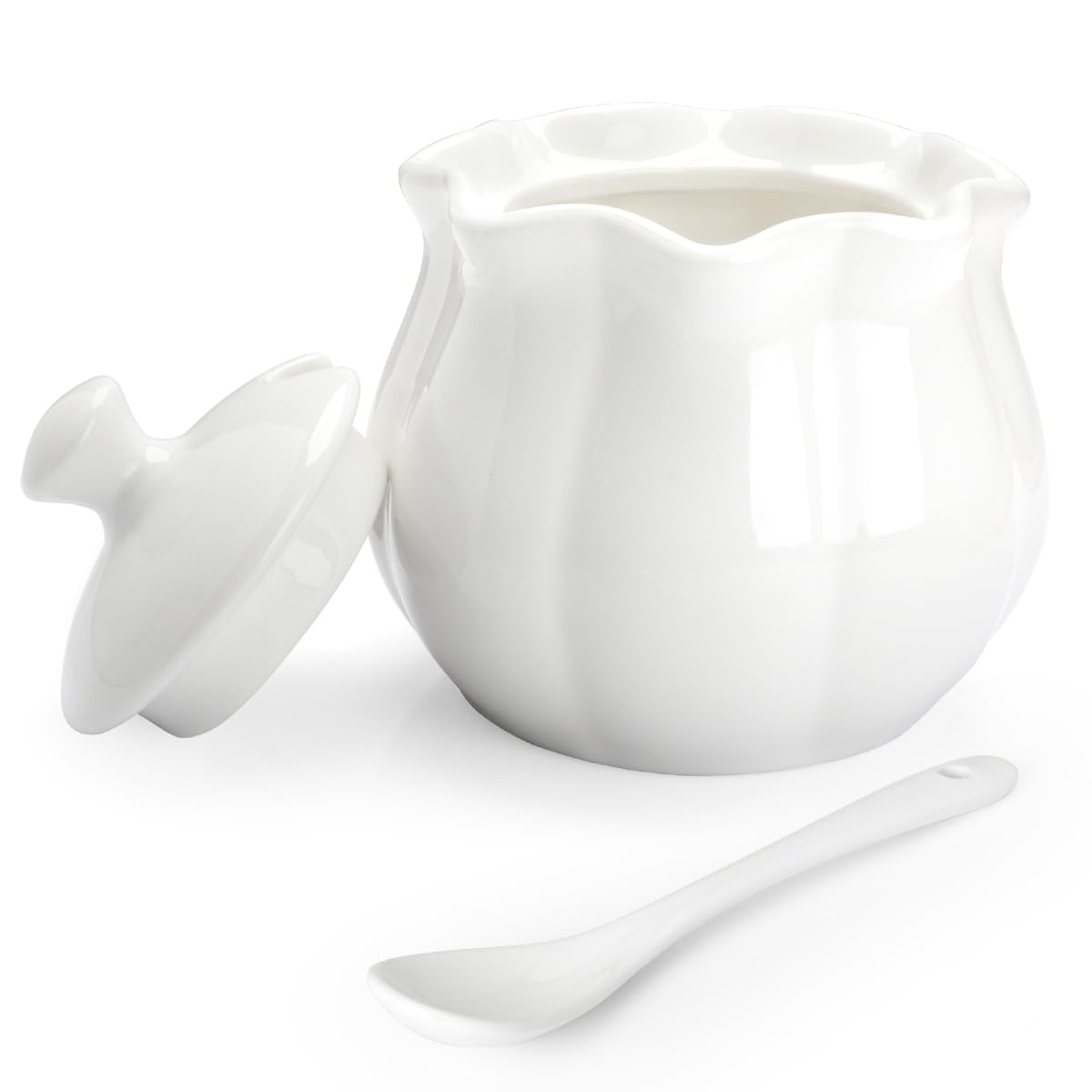 Swetwiny Ceramic Sugar Bowl with Lid and Spoon, Flower-Shaped Porcelain Salt Storage Jar, White Seasoning Container for Home and Kitchen, 9 Ounces