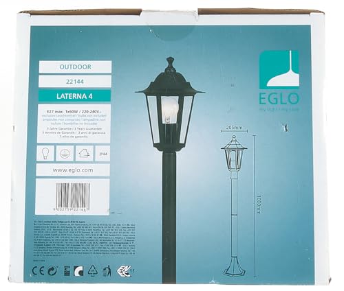 Eglo Laterna 4 Outdoor lamppost, Victorian Style Street lamp, Electric Garden and Driveway Light, cast Aluminium and Glass, Black Lantern, E27 Socket, IP44