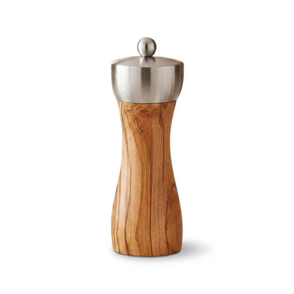 Tephra & Form 6" Olive Wood Pepper Grinder Mill, Adjustable Ceramic Core, Refillable Salt Pepper Shaker Kitchen Gift