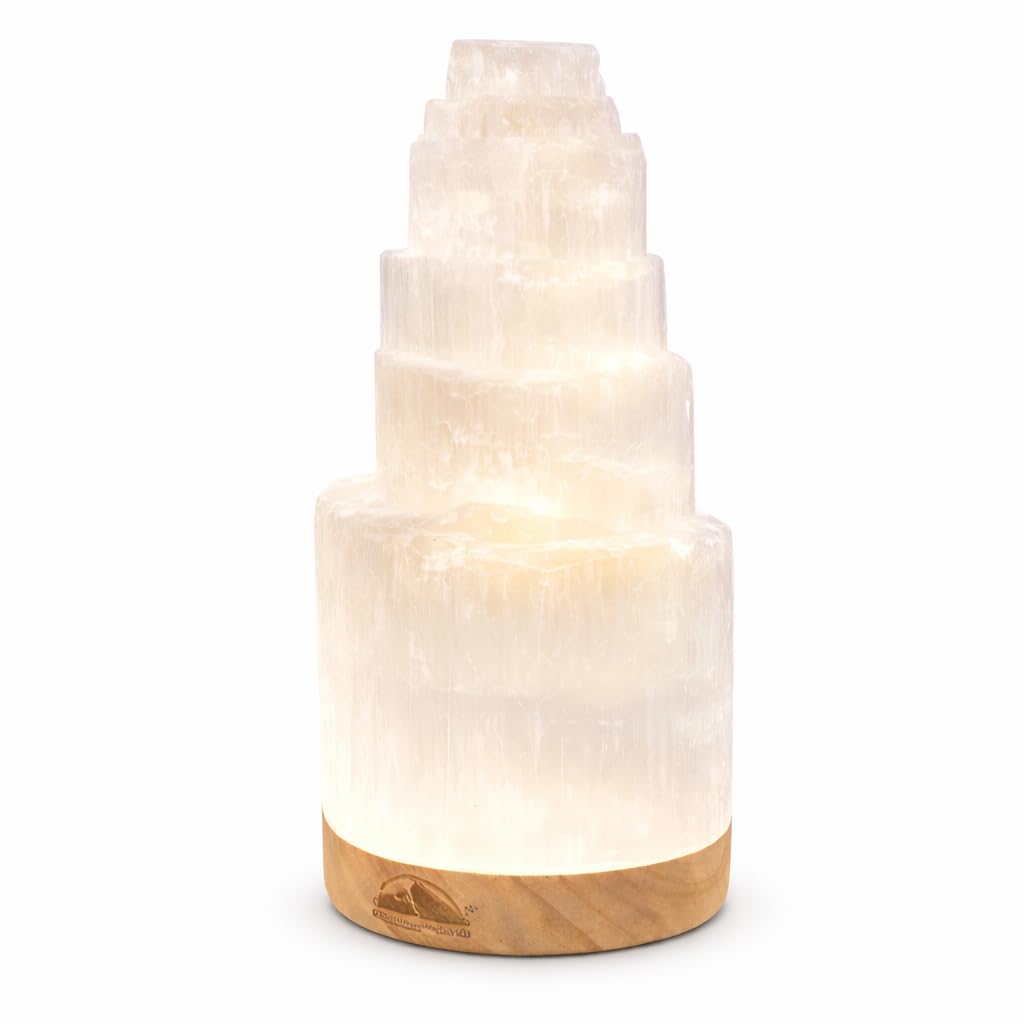 Himalayan Glow Selenite Crystal Lamp 20cm Large, Hand Curved Crystal Lamp with (ETL Certified) Wooden Base & USB Charging Cable for Home Décor - White