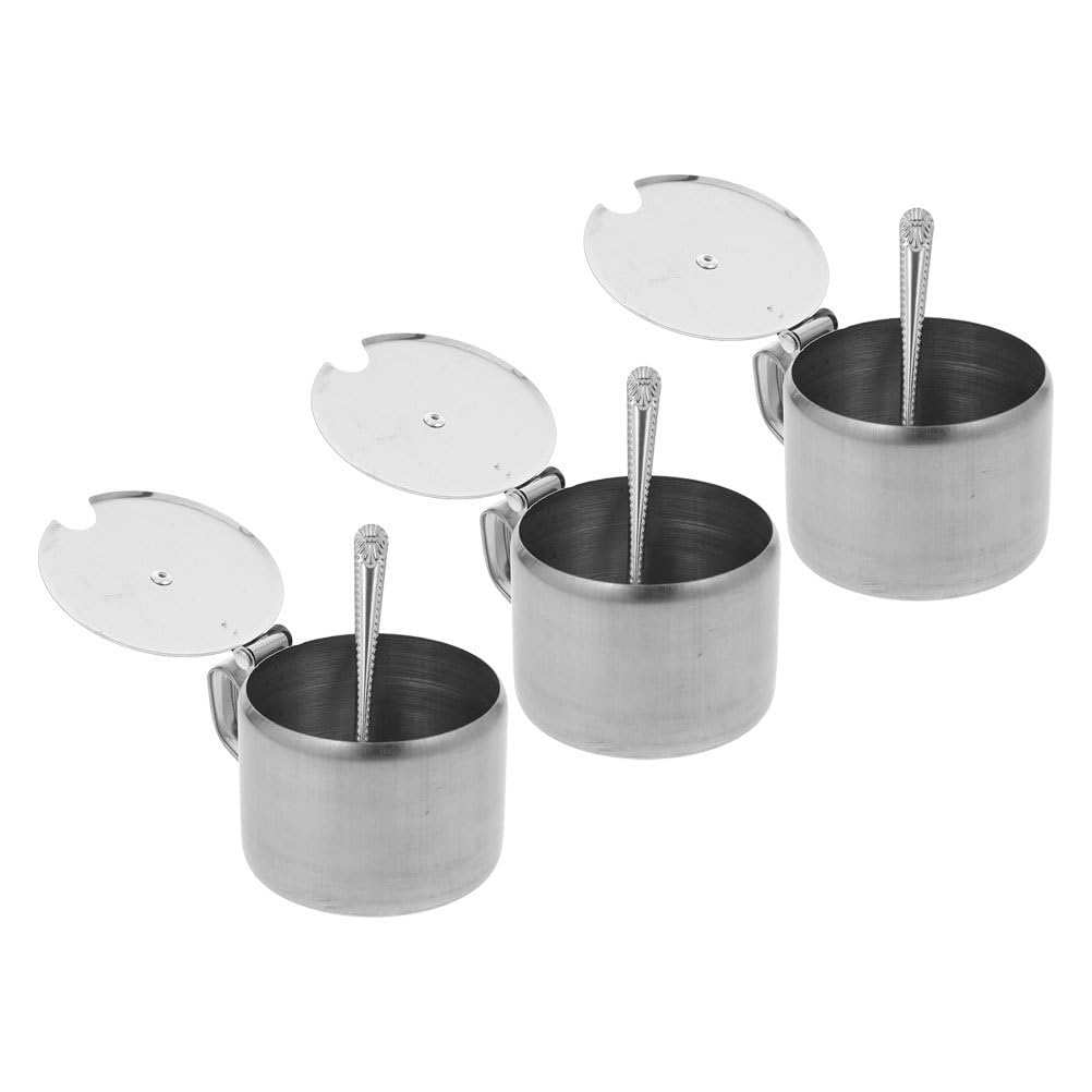 CATIEBYE Stainless Steel Sugar Bowls Set of 3 with Lids and Spoons Multi-Purpose Condiment Containers for Kitchen Countertop Storage Sugar Salt Pepper Spice Bowls 3.54X2.75X2.55 Inch