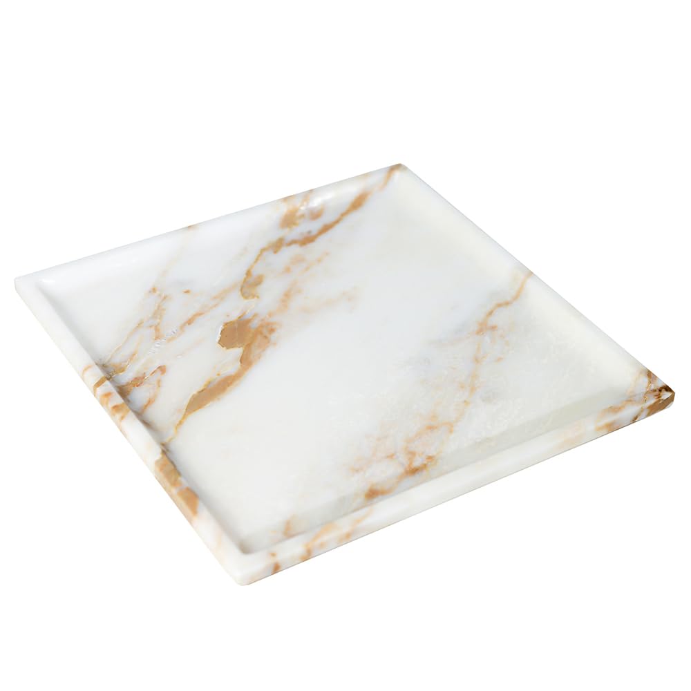 DUANYAN Natural Marble Tray for Kitchen Counter Living Room, Stone Plate for Fruit Jewelry Perfume Cosmetics Key, Decorative Tray for Table Decor (Calacatta-Glod/Square 9.8"x9.8"x0.7")