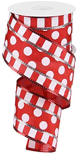Polka Dots with Stripes Wired Edge Ribbon - 10 Yards (Red, White, 2.5")