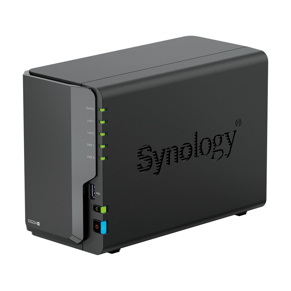 Synology DiskStation DS224+ NAS Server with Celeron 2.0GHz CPU, 6GB Memory, 36TB HDD Storage, 2 x 1GbE LAN Ports, DSM Operating System