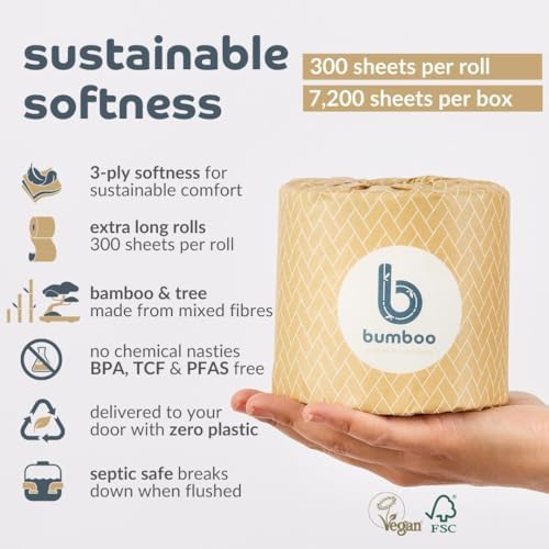 Bumboo Essentials Toilet Roll 48 Pack | Essentials Wrapped Toilet Paper 3 ply, 300 Sheets | Plastic-Free, Soft, Strong, Eco-Friendly & Biodegradable Toilet Tissue