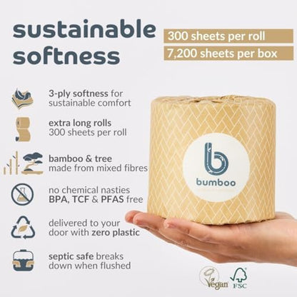 Bumboo Essentials Toilet Roll 48 Pack | Essentials Wrapped Toilet Paper 3 ply, 300 Sheets | Plastic-Free, Soft, Strong, Eco-Friendly & Biodegradable Toilet Tissue