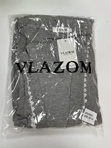 Vlazom Womens Dressing Gown Soft Kimono Robe V-Neck Long Knit Bathrobe Nightwear Sleepwear for All Seasons, Grey, XL