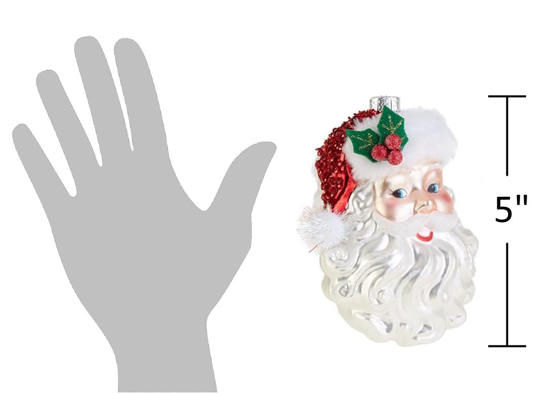 Santa Claus Face Glass Christmas Tree Ornament, 5 Inch